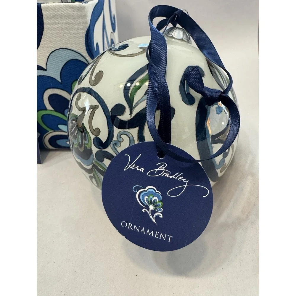 Vera Bradley Hand Painted Glass Ornament Mediterranean White Fabric Box